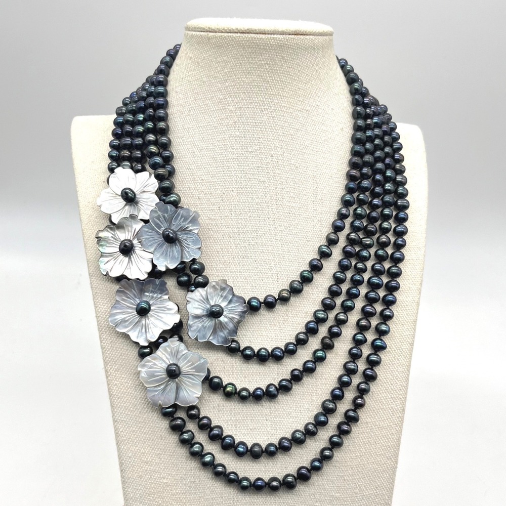 Black Freshwater Pearl Multi-Strand Necklace Carved Shell Flower Statement 18in